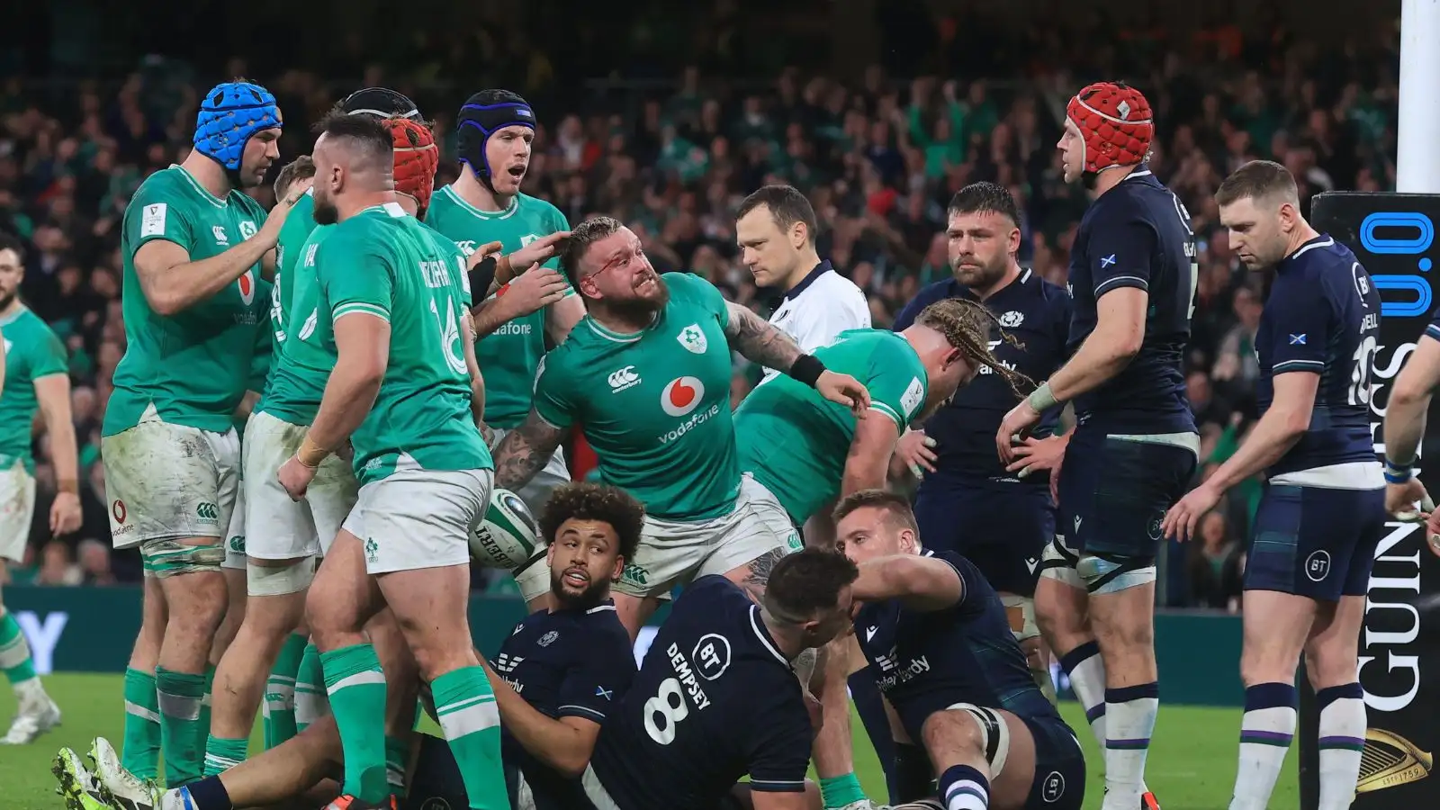 Ireland’s Andrew Porter celebrates scoring their sides second try of the game during the Guinness Six Nations match at the Aviva Stadium, Dublin.
