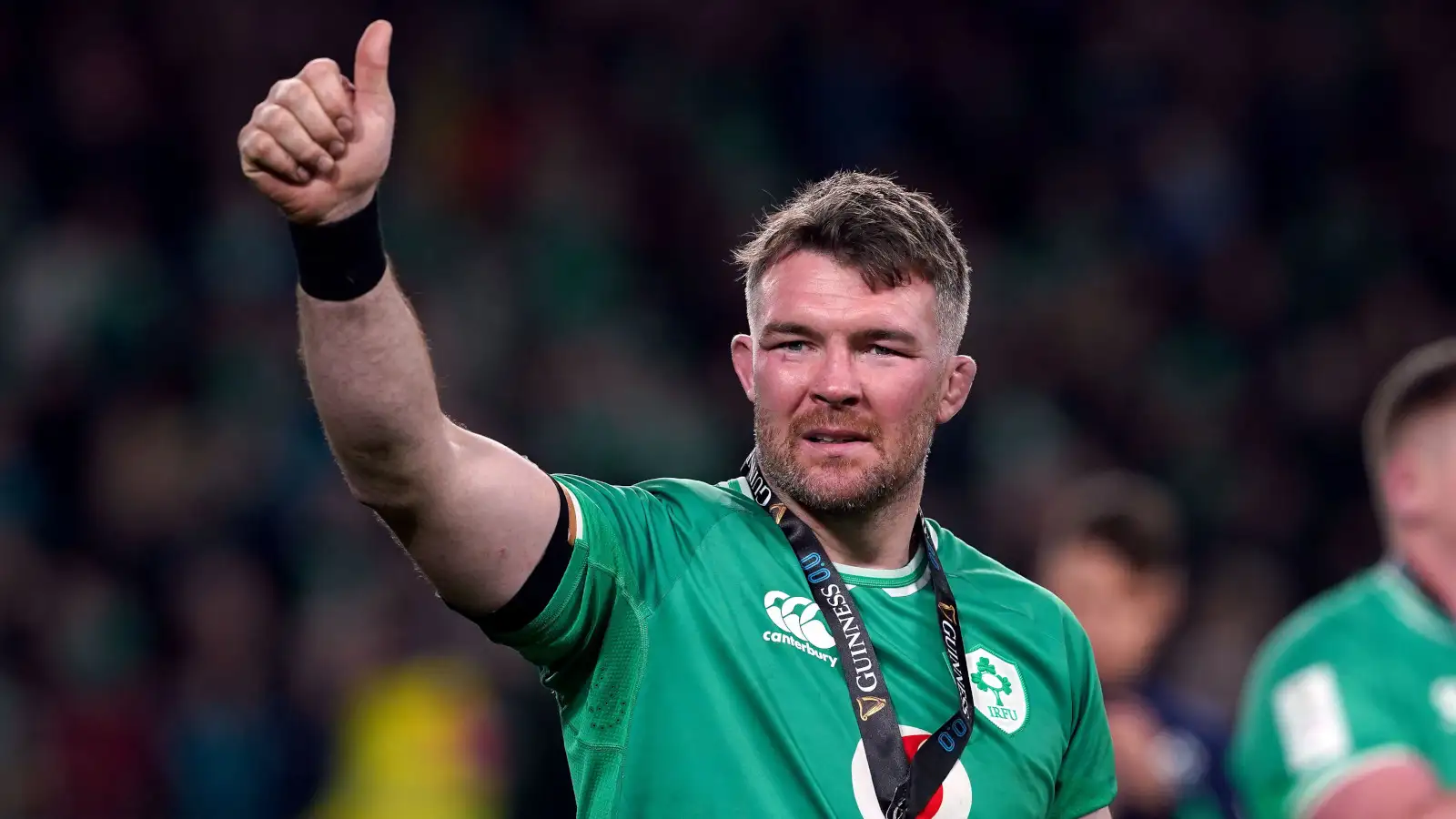 Peter O'Mahony celebrating after Ireland's Six Nations title win in 2024.