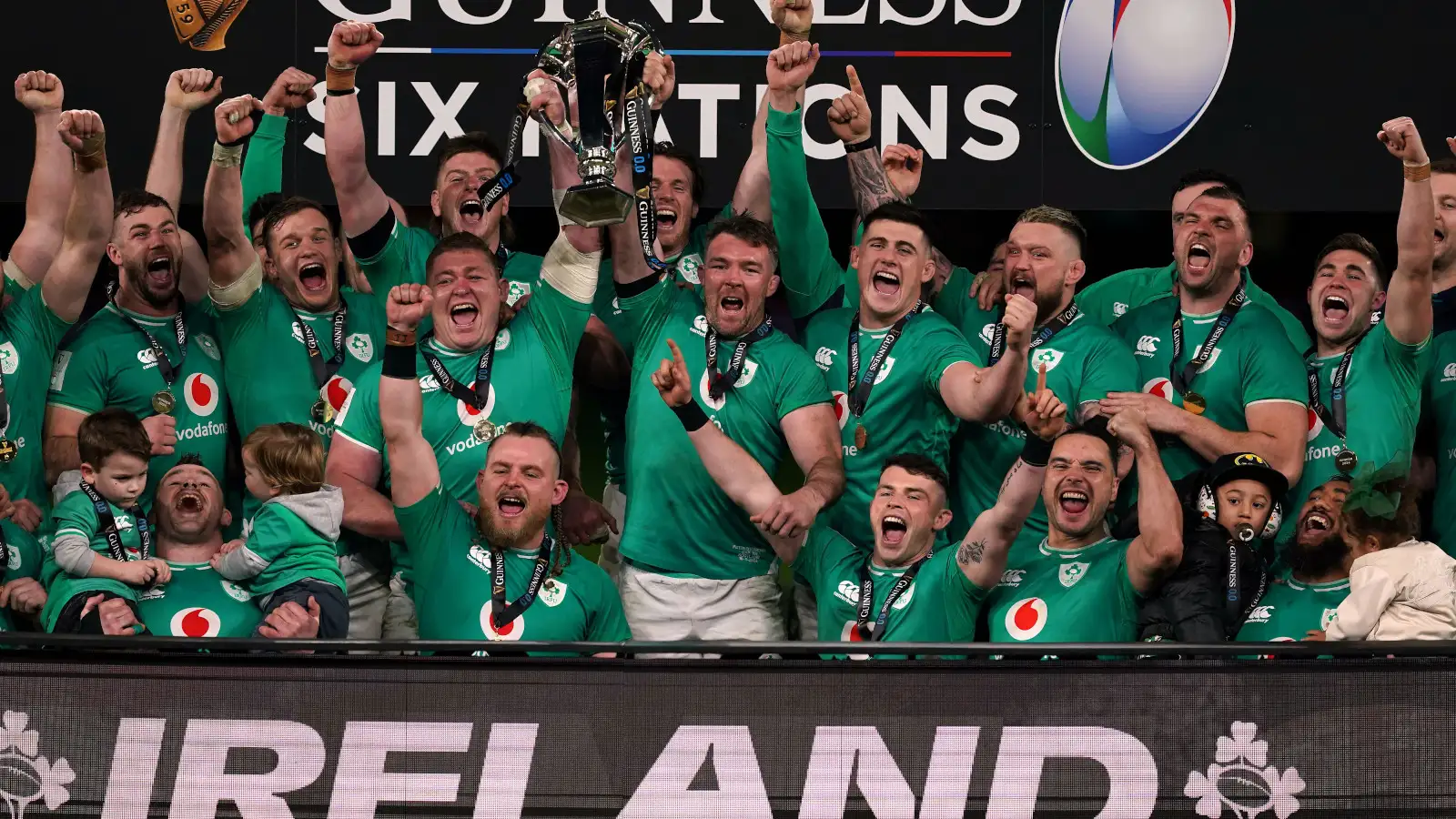 Ireland celebrate with Six Nations trophy.