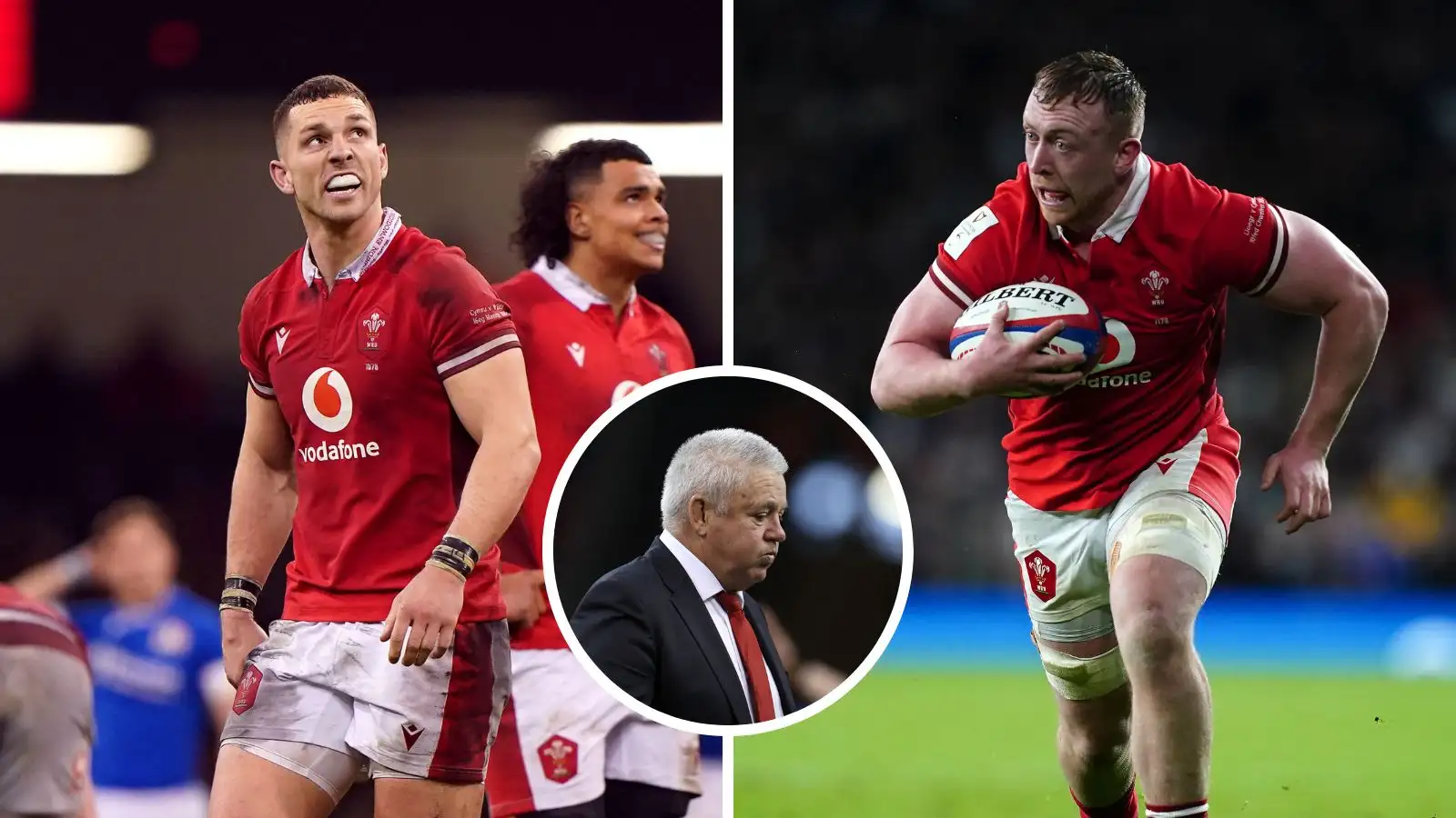 Wales centre George North, Head coach Warren Gatland and flanker Tommy Reffell during the 2024 Six Nations.