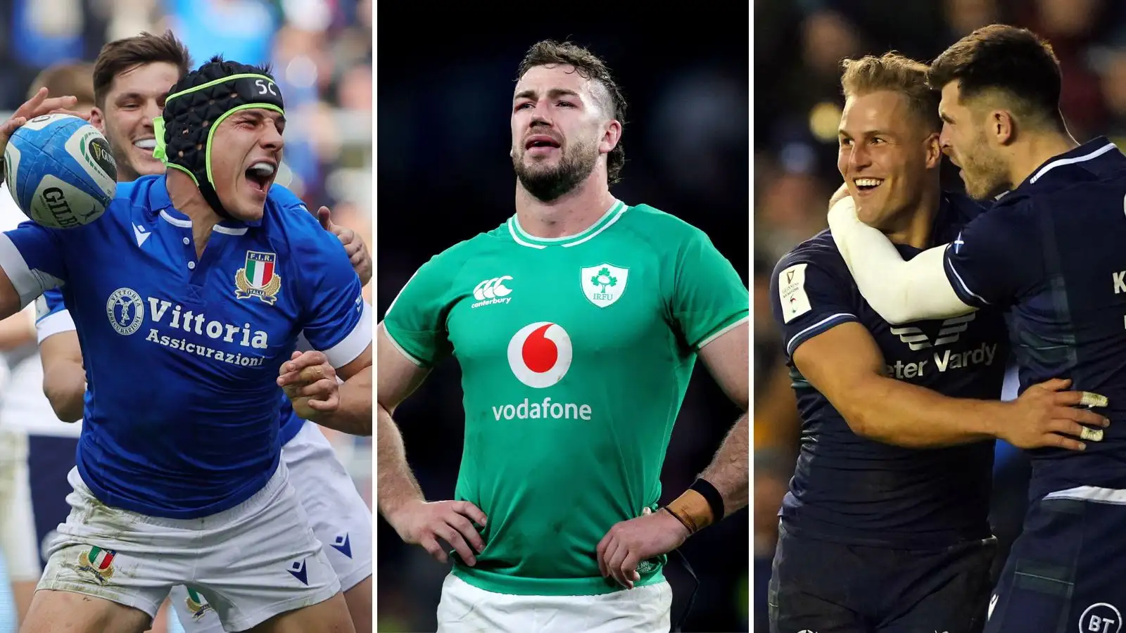 Italy centre Juan Ignacio Brex, Ireland back-rower Clean Doris and Scotland's Duhan van der Merwe during the 2024 Six Nations.