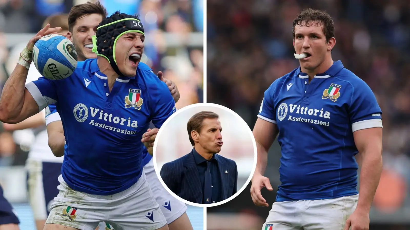 Italy centre Juan Ignacio Brex, head coach Gonzalo Quesada and captain Michele Lamaro during the 2024 Six Nations.