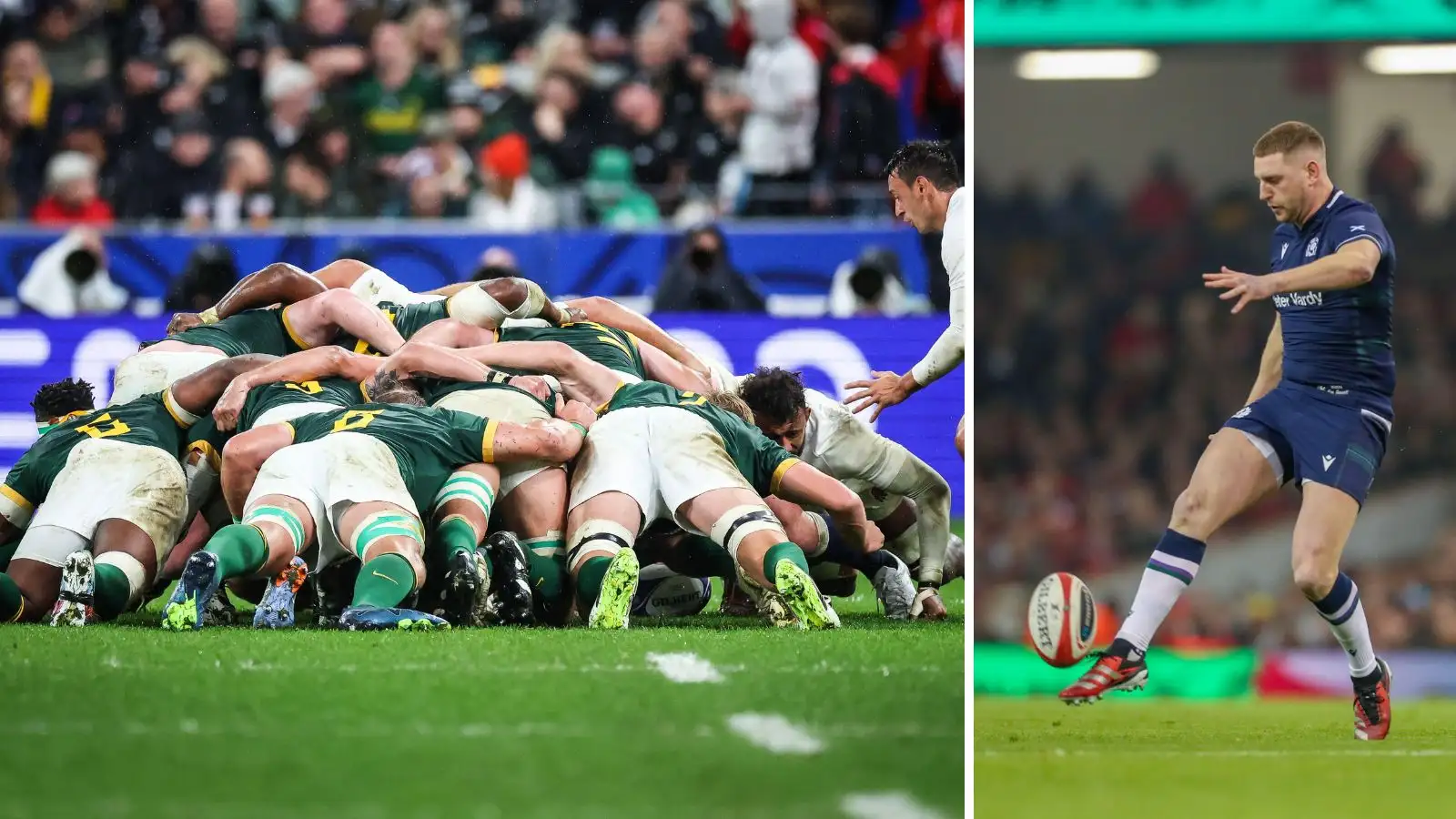 A scrum between South Africa and England during teh 2023 Rugby World Cup and Finn Russell kicking.