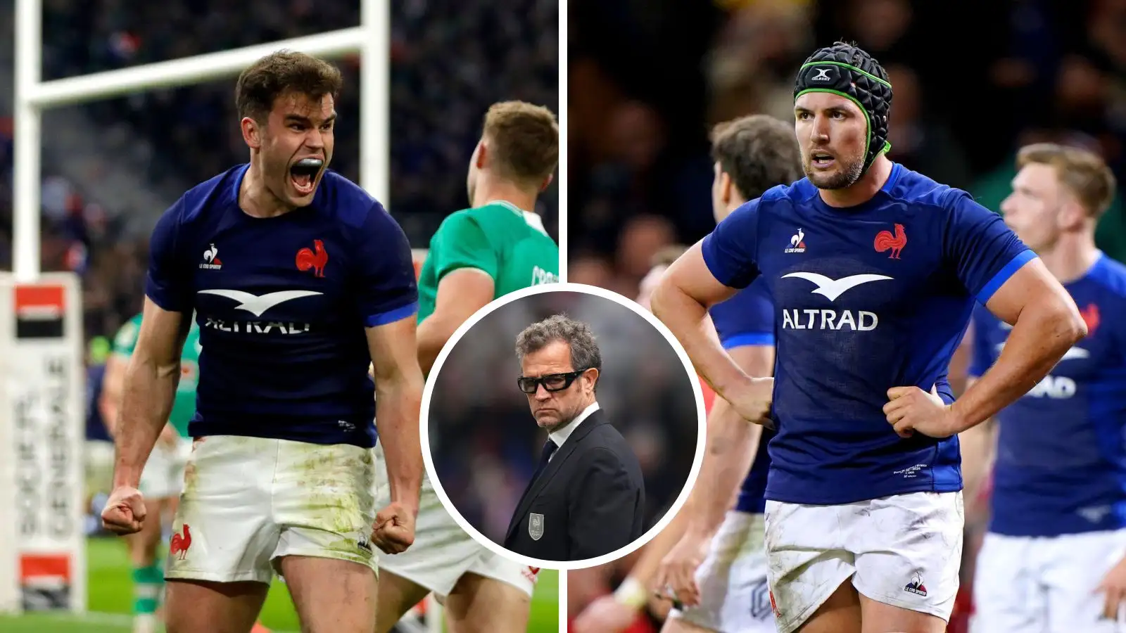 France winger Damian Penaud, head coach Fabien Galthie and flanker Francois Cros during the Six Nations.