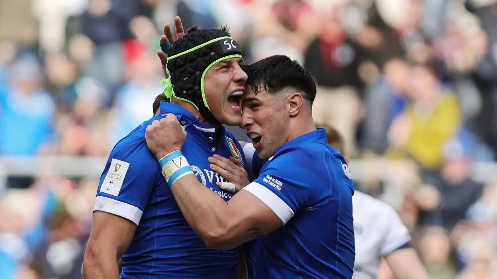 Rome, Italie. 09th Mar, 2024. Juan Ignacio Brex of Italy celebrates with his teammates after scoring during the 2024 Six nations Championship, rugby union match between Italy and Scotland on March 9, 2024 at Stadio Olimpico in Rome