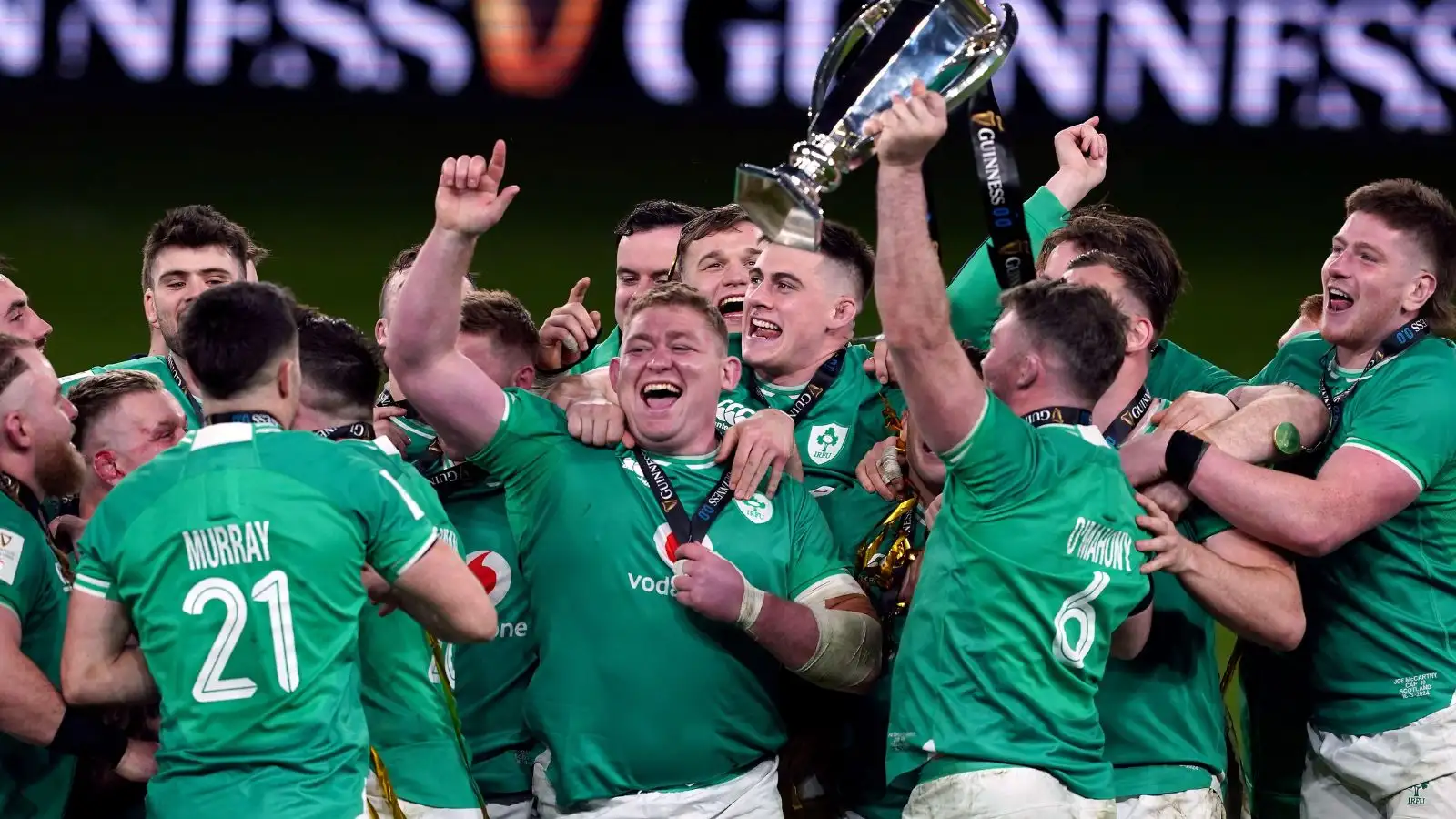 Ireland's Peter O'Mahony lifts the Guinness Six Nations trophy after the match at the Aviva Stadium, Dublin.