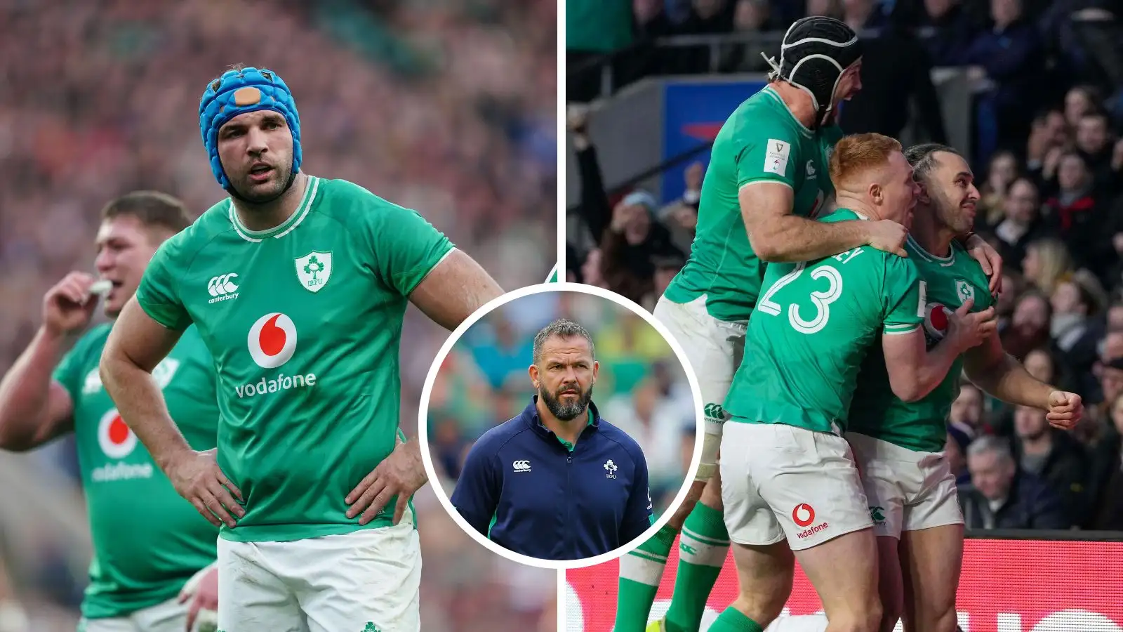 Split images of Tadhg Beirne, Andy Farrell and James Lowe during the Six Nations.