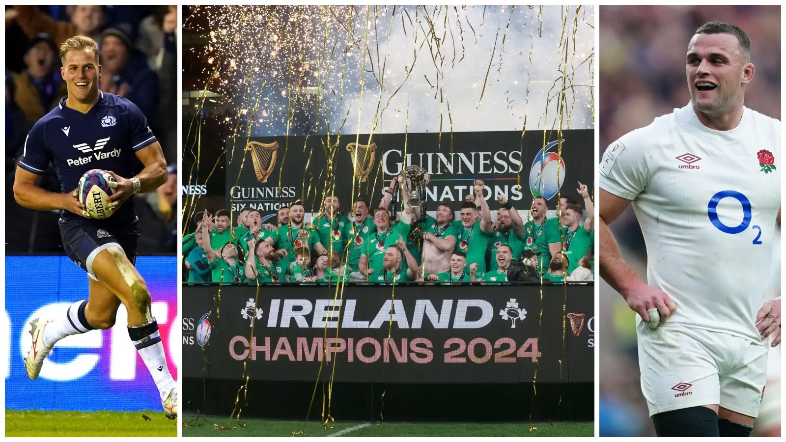 Split with Scotland's Duhan van der Merwe, Ireland celebrating and England's Ben Earl.