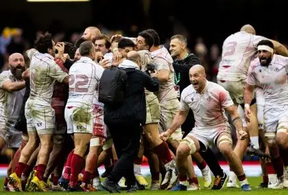 Nodar Cheishvili of Georgia celebrates at the final whistle during the 2022 Autumn Nations Series, rugby union test match between Wales and Georgia on November 19, 2022 at Millenium Stadium in Cardiff.