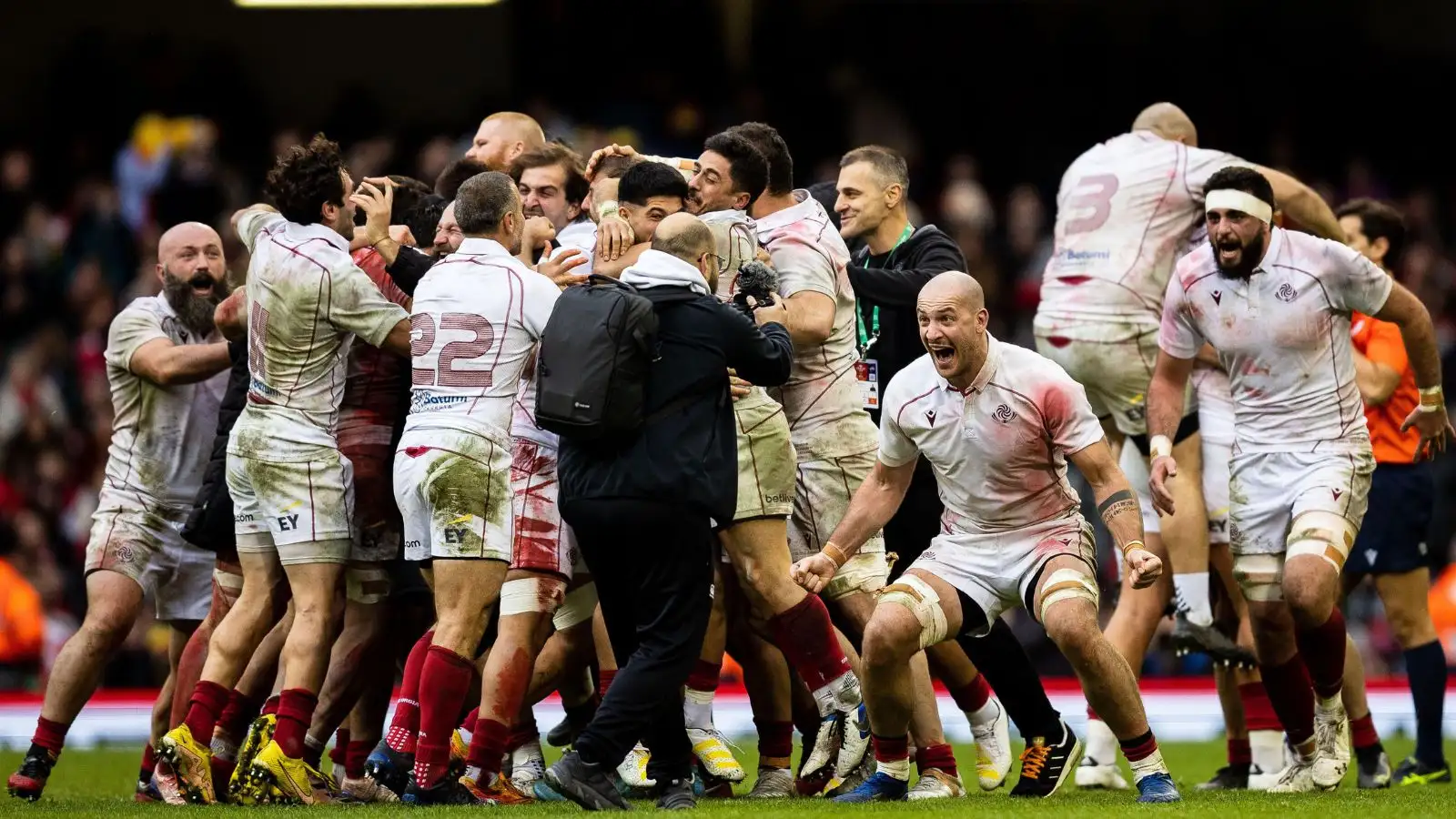Nodar Cheishvili of Georgia celebrates at the final whistle during the 2022 Autumn Nations Series, rugby union test match between Wales and Georgia on November 19, 2022 at Millenium Stadium in Cardiff.
