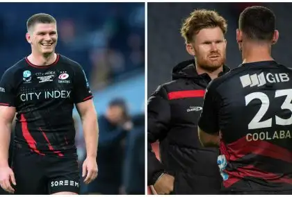 Split with Saracens star Owen Farrell and Crusaders players discussing.