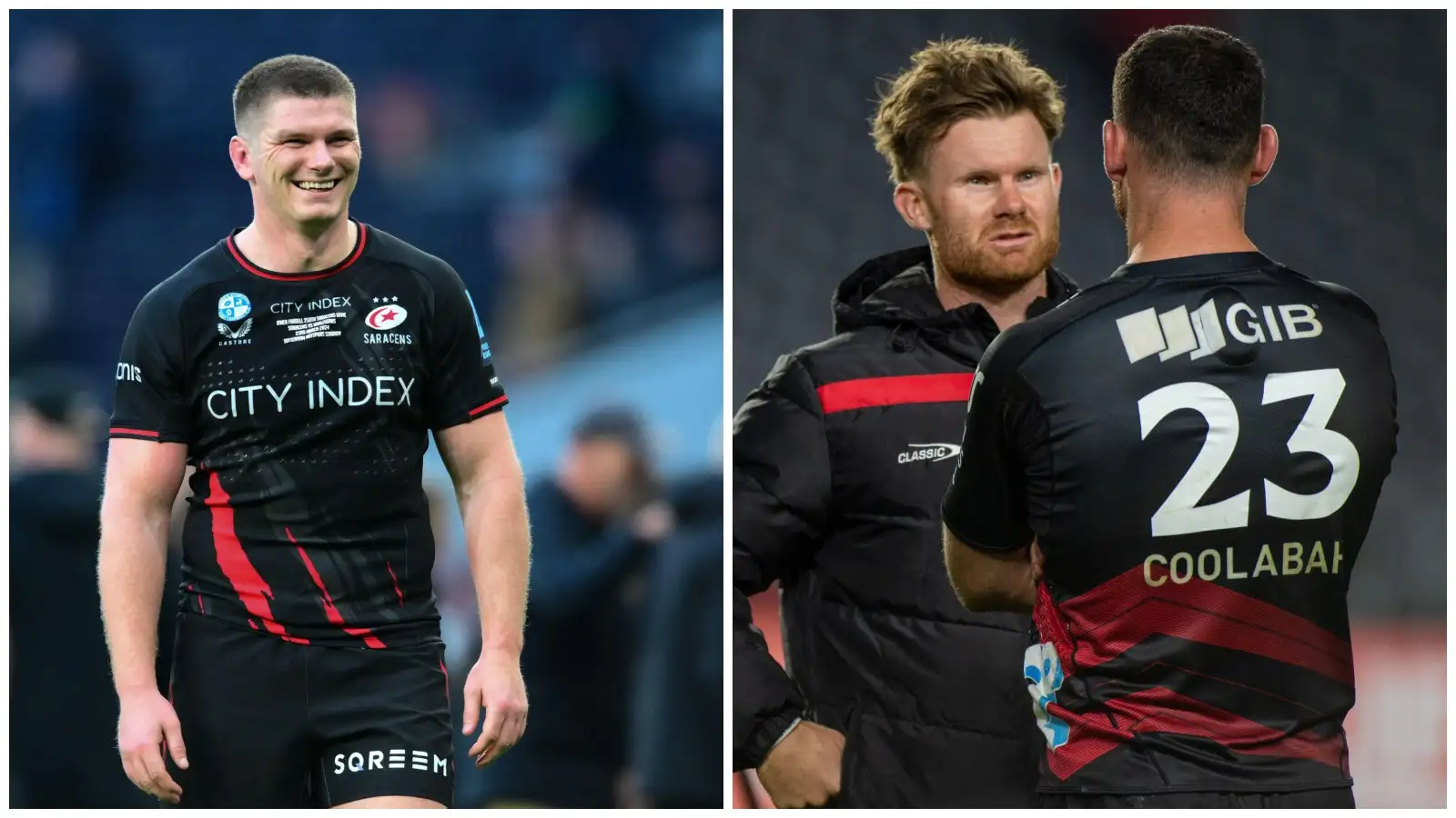 Split with Saracens star Owen Farrell and Crusaders players discussing.