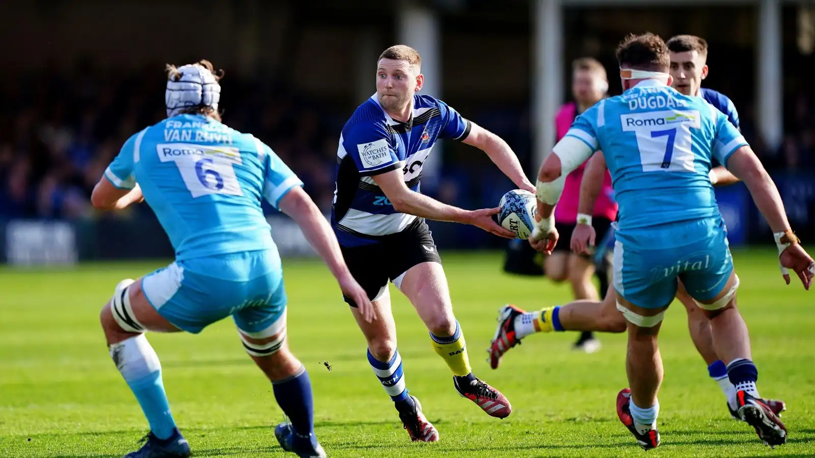 Bath's Finn Russell (centre) in action during the Gallagher Premiership match at The Recreation Ground, Bath.