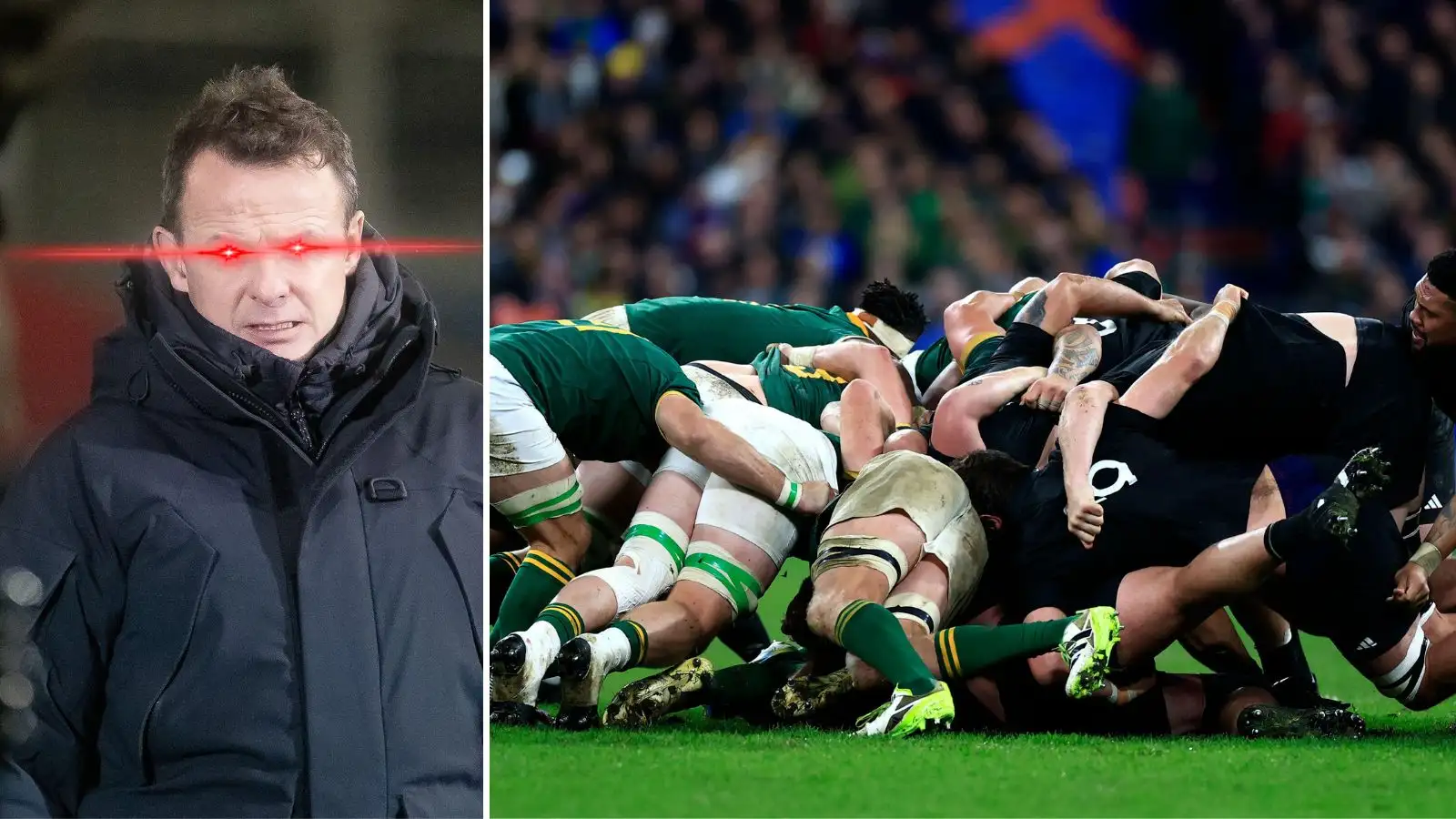 Ex-England and Lions back Austin Healey and the Springboks and All Blacks scrum during the Rugby World Cup Final.