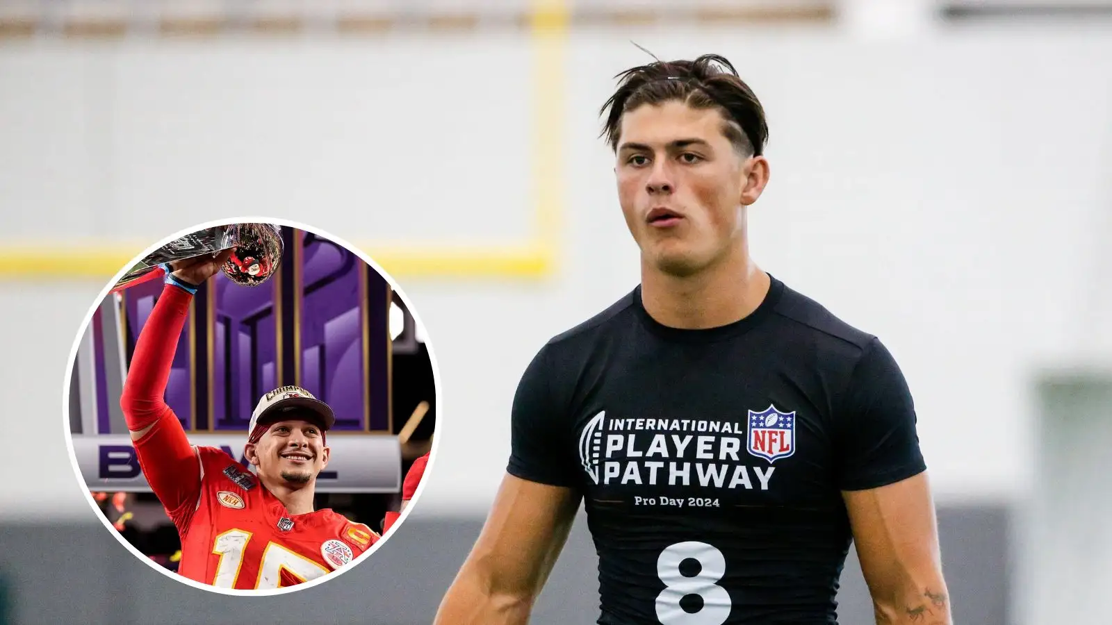 Kansas City Chiefs quarterback Patrick Mahomes (15) holds the Vince Lombardi Trophy after the NFL Super Bowl 58 and Louis Rees-Zammit during USF's pro day at the Morsani Football Practice Facility.