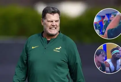 Springboks boss Rassie Erasmus and screenshots of his speech during the Rugby World Cup semi-final against England.