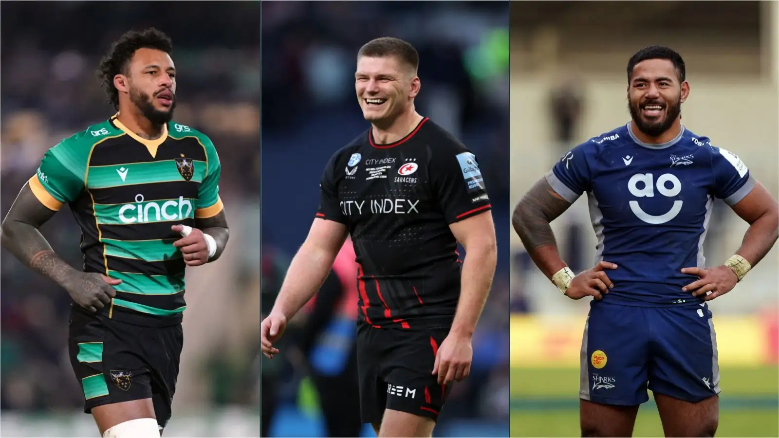 Northampton Saints forward Courntey Lawes, Saracens fly-half Owen Farrell and Sale Sharks Manu Tuilagi.