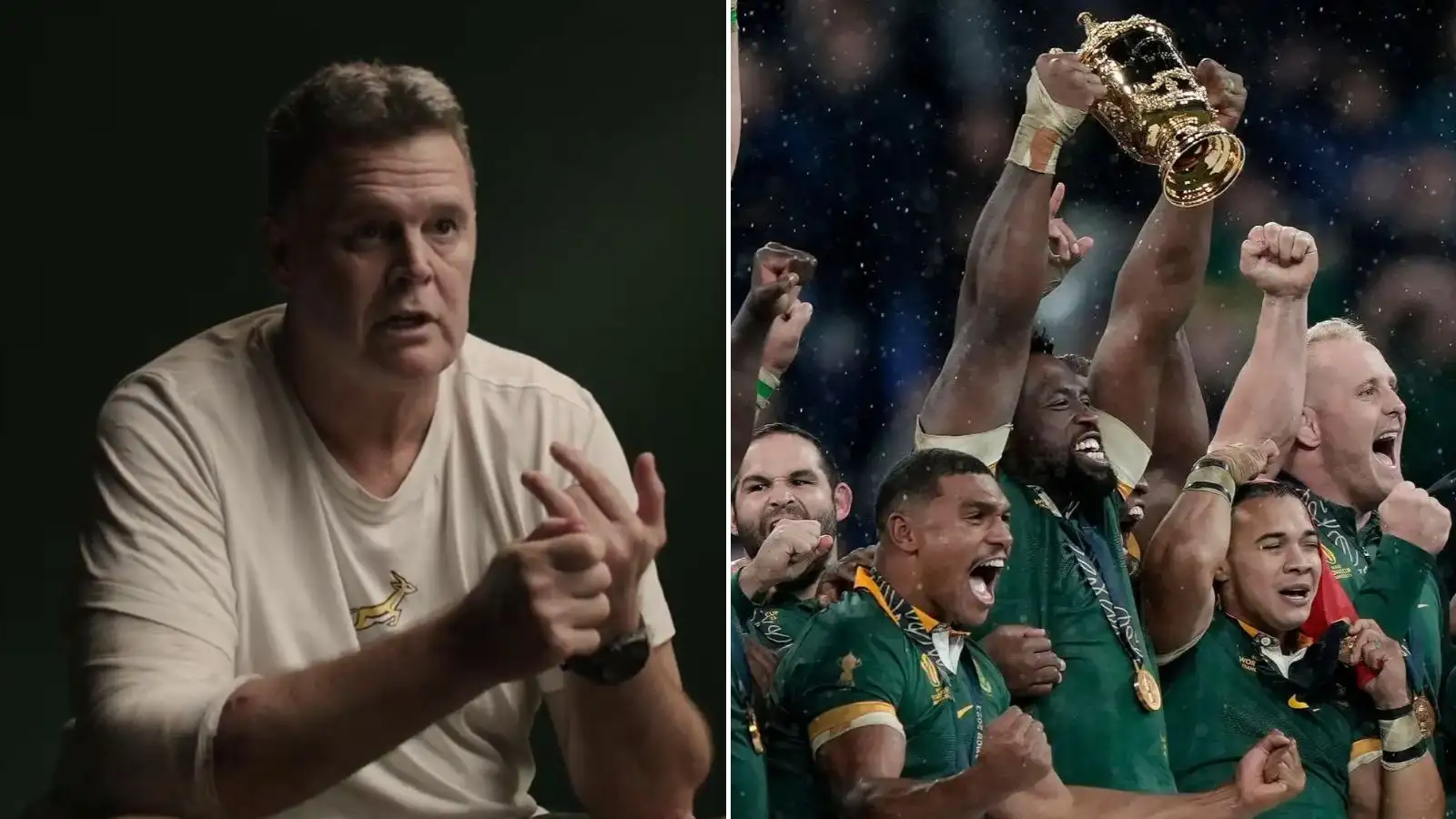 Springboks boss Rassie Erasmus and Siya Kolisi Kolisi lifting the trophy in the final.