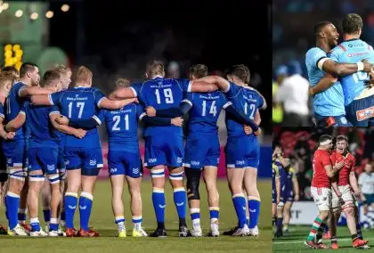 Split with Leinster huddle, Blue Bulls celebrating and Munster players.