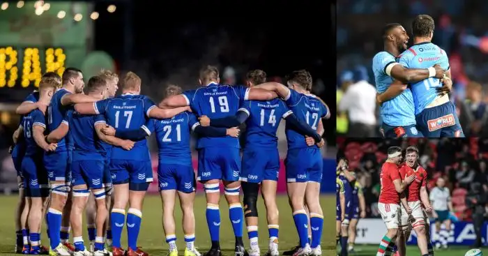 Split with Leinster huddle, Blue Bulls celebrating and Munster players.