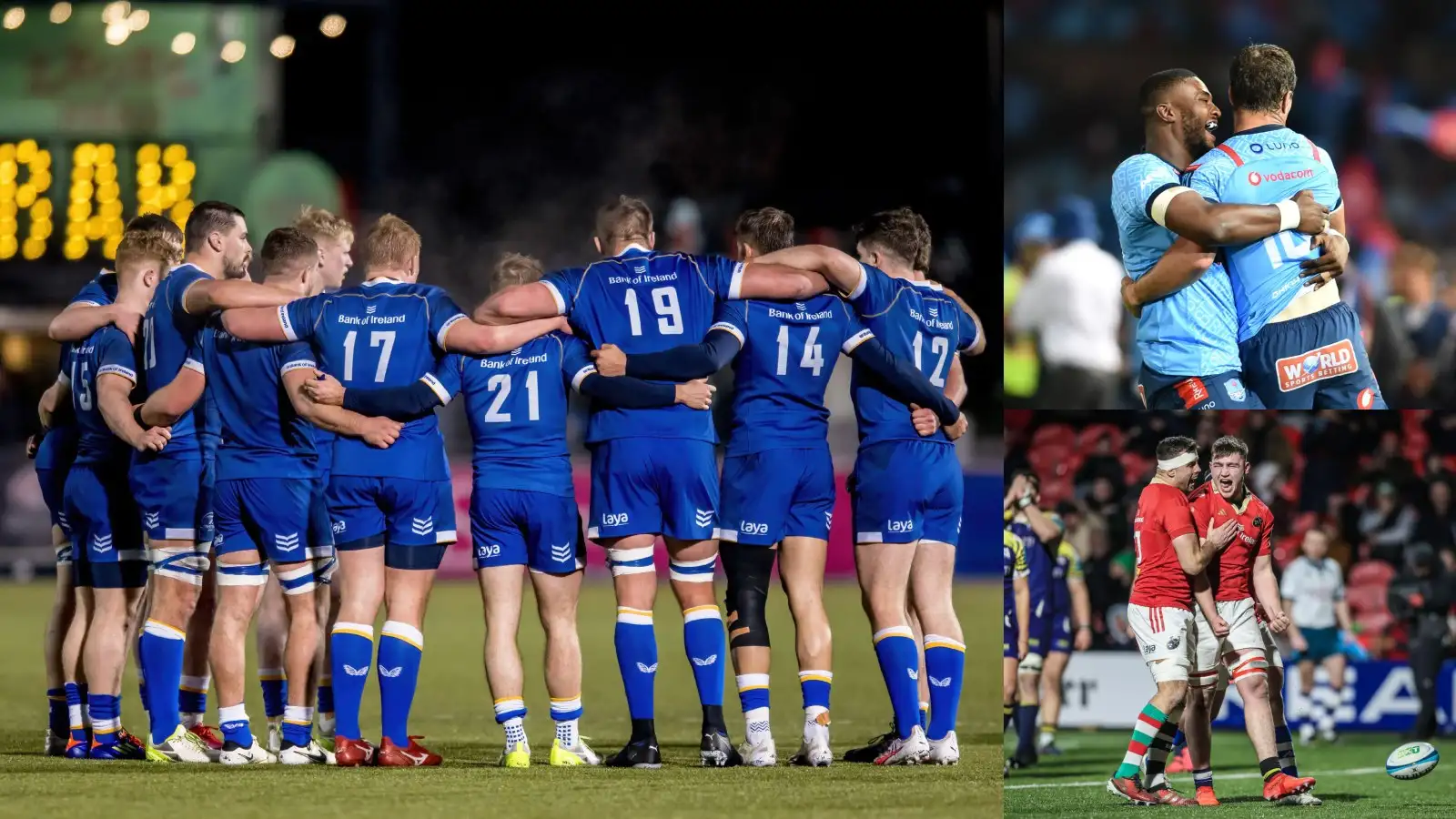 Split with Leinster huddle, Blue Bulls celebrating and Munster players.