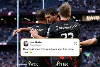 Joe Marler's tweet and Saracens' Alex Goode celebrates with Juan Martin Gonzalez after scoring their eighth try during the Gallagher Premiership match at the Tottenham Hotspur Stadium