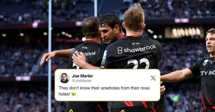 Joe Marler's tweet and Saracens' Alex Goode celebrates with Juan Martin Gonzalez after scoring their eighth try during the Gallagher Premiership match at the Tottenham Hotspur Stadium