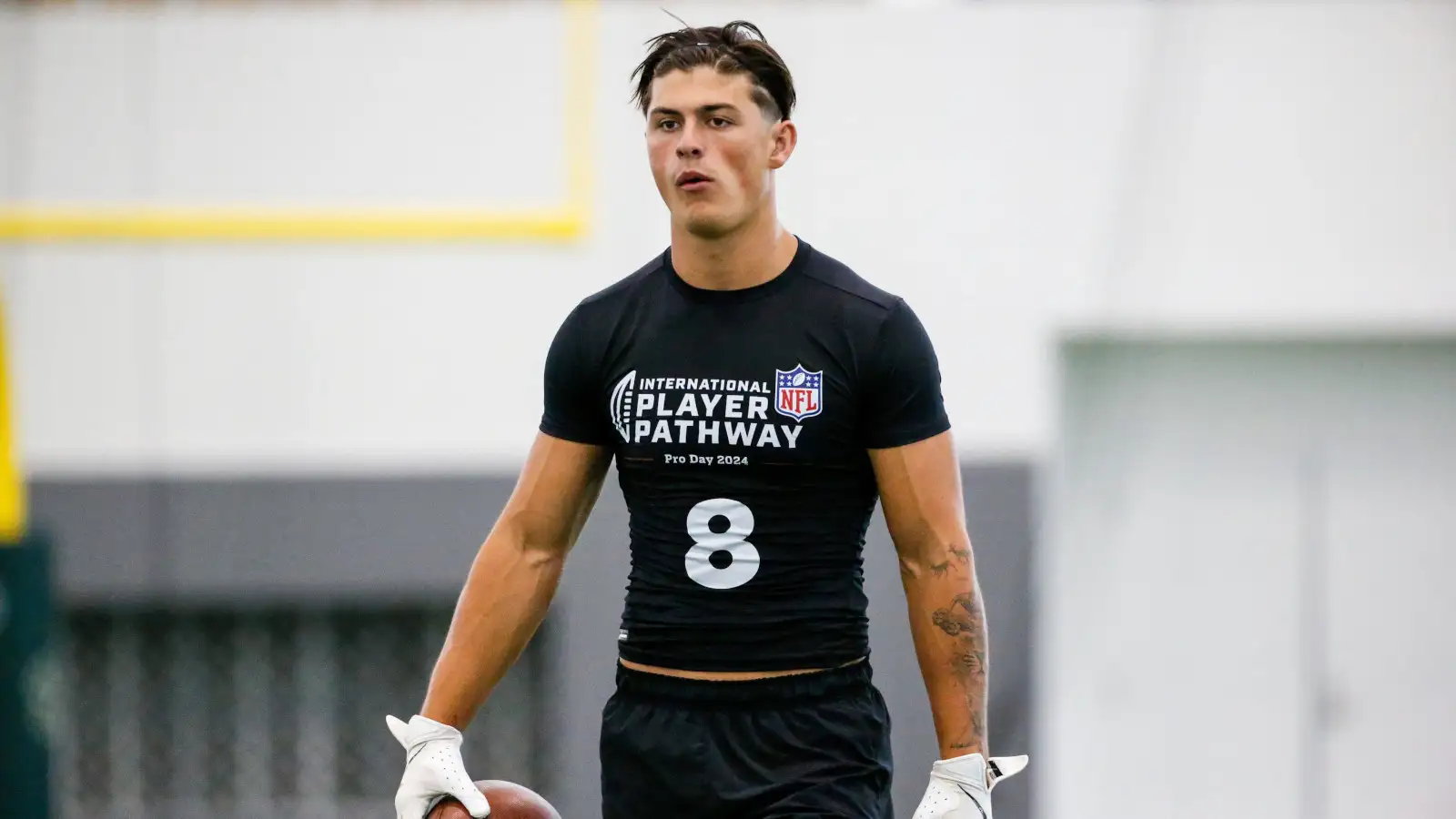 Louis Rees-Zammit, former Wales wing, in action during the NFL pro day.