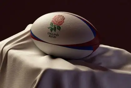 rugby ball imprinted with the England rugby logo