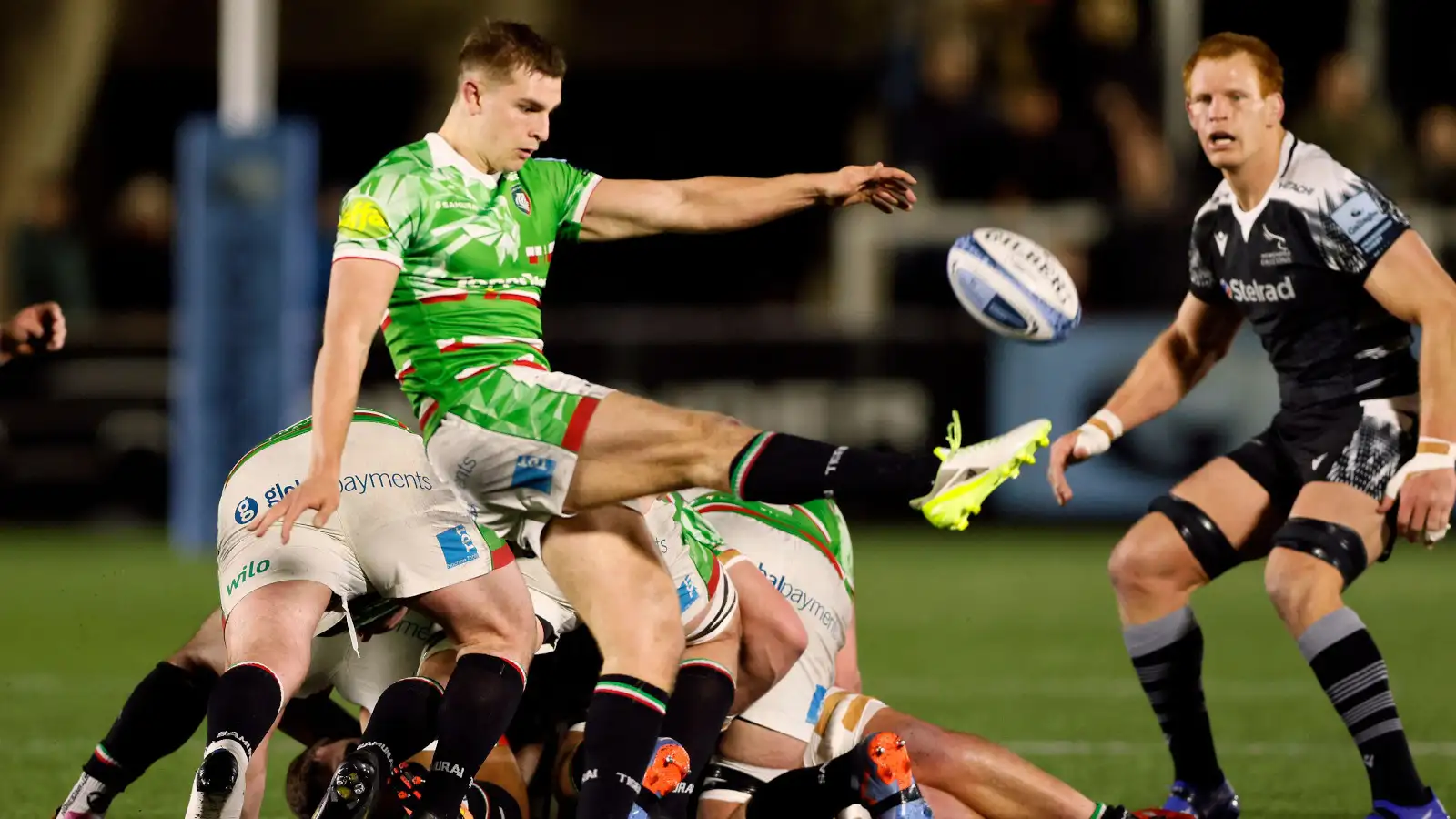 Scrum-half Jack van Poortvliet for Leicester Tigers against Newcastle Falcons.