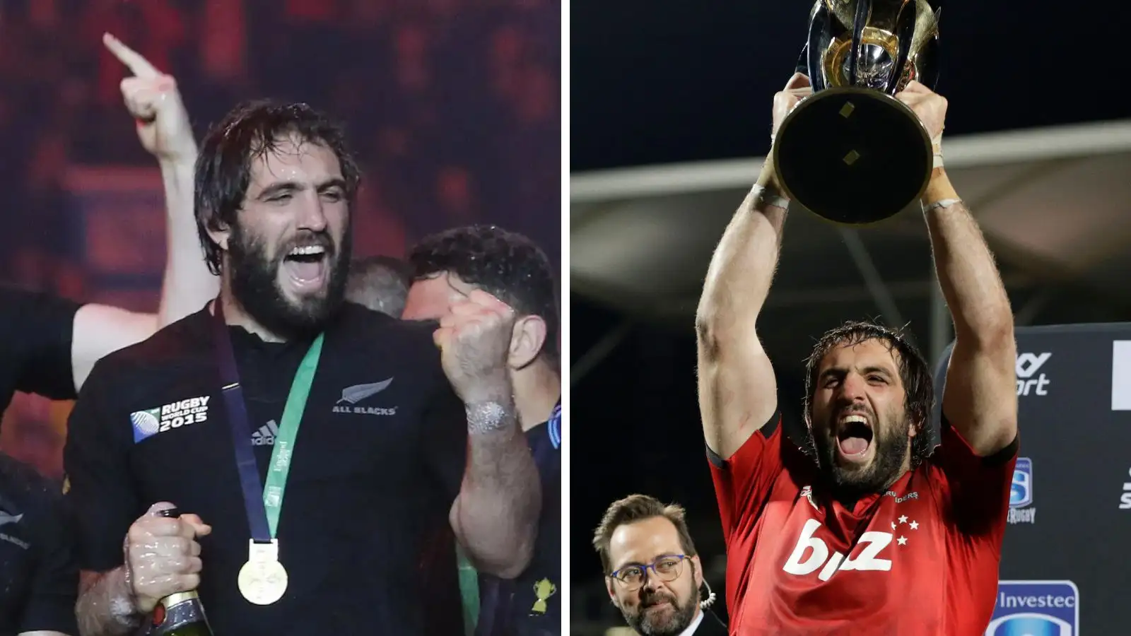 All Blacks lock Sam Whitelock celebrating the 2015 Rugby World Cup victory and the 2018 Super Rugby win with the Crusaders.