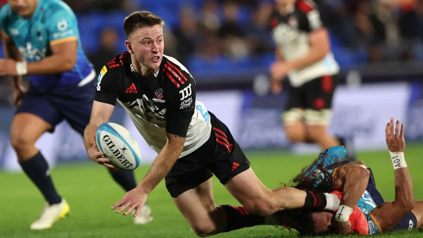 Fergus Burke of The Crusaders during the Super Rugby Pacific Round 13 match between Moana Pasifika and the Canterbury Crusaders at Mount Smart Stadium in Auckland, New Zealand.