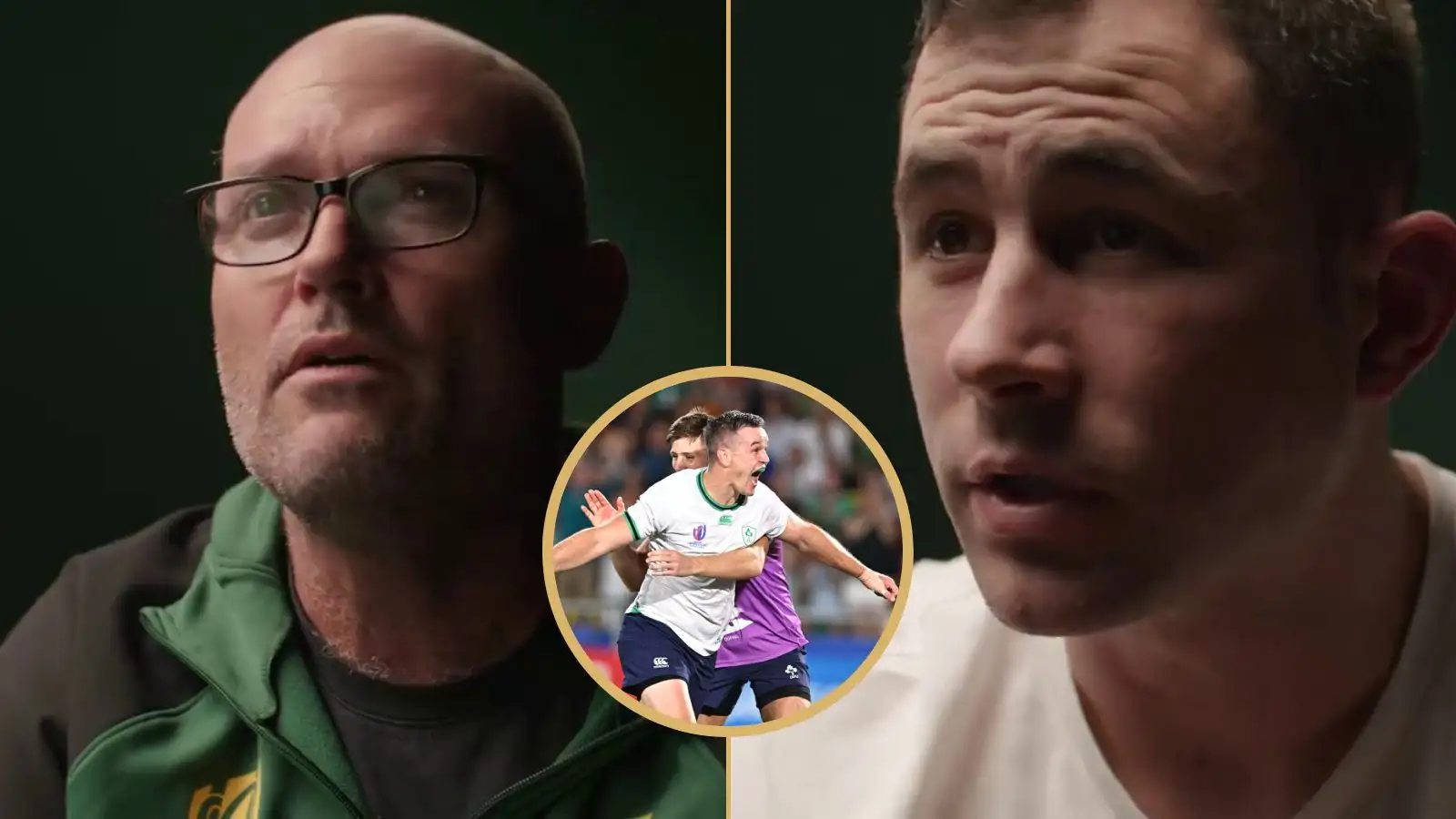 Former Springboks head coach Jacques Nienaber, an image of Johnny Sexton and coach Felix Jones.
