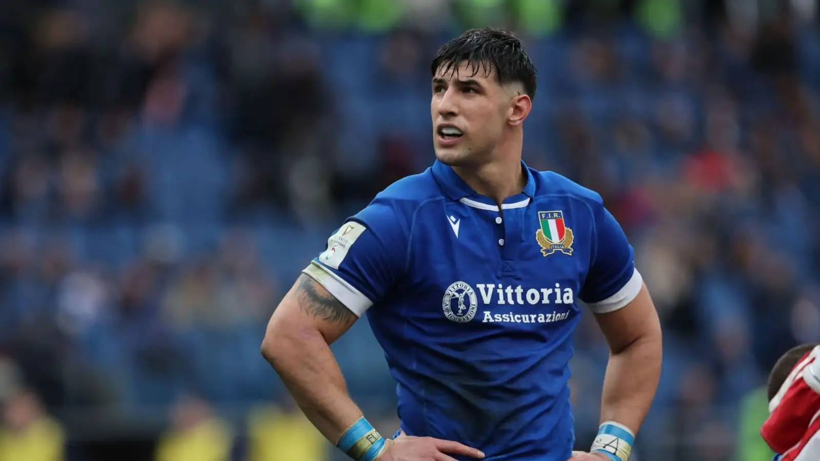 Tommaso Menoncello during the Guinness Six Nations 2024 tournament match between Italy and Scotland at Stadio Olimpico.
