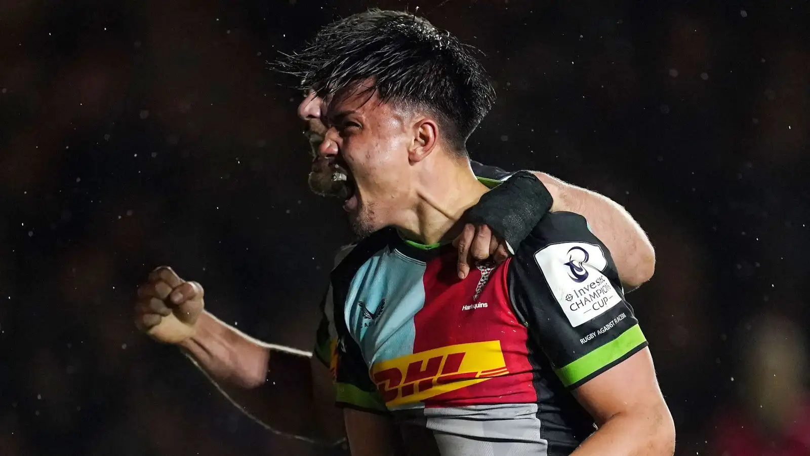 Harlequins' Marcus Smith (centre) celebrates scoring their side's second try of the game during the Investec Champions Cup Round of 16 match at Twickenham Stoop, London. Picture date: Friday April 5, 2024.