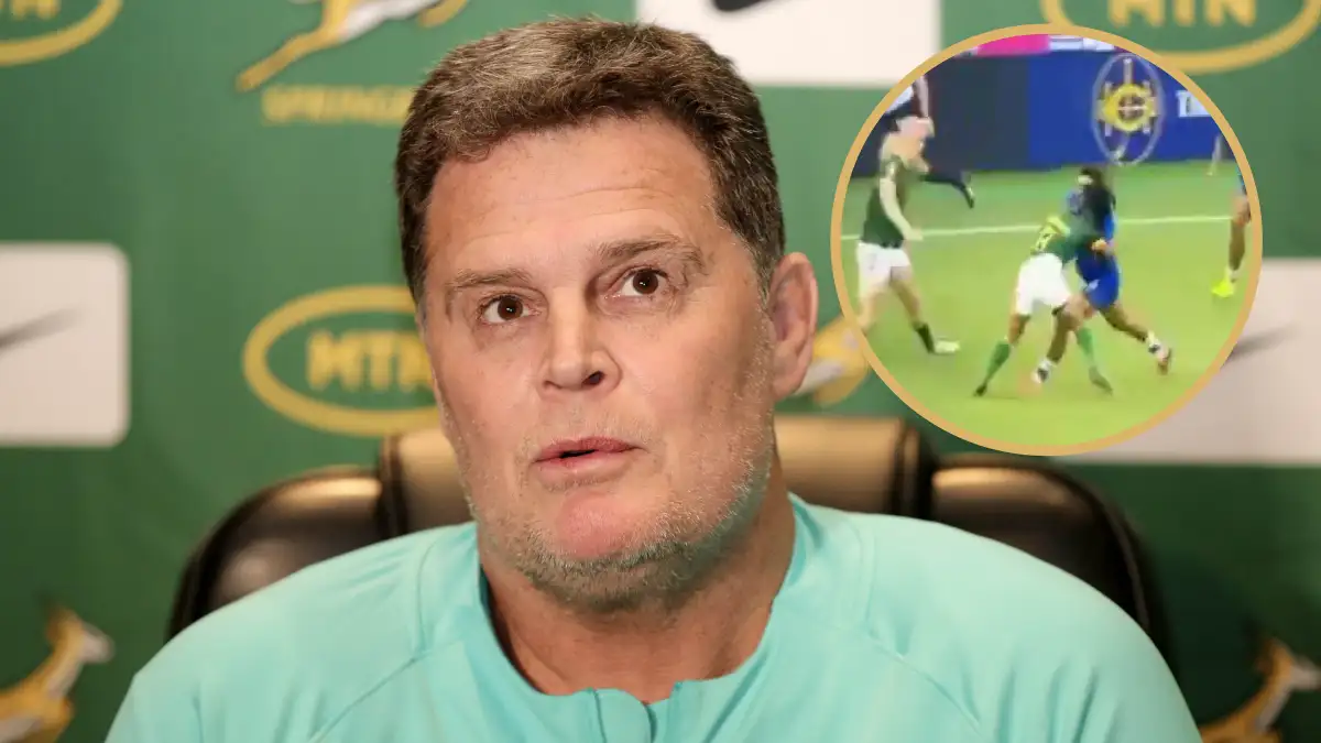 Springboks head coach Rassie Erasmus and a screenshot of the Blitzboks' video on Twitter.