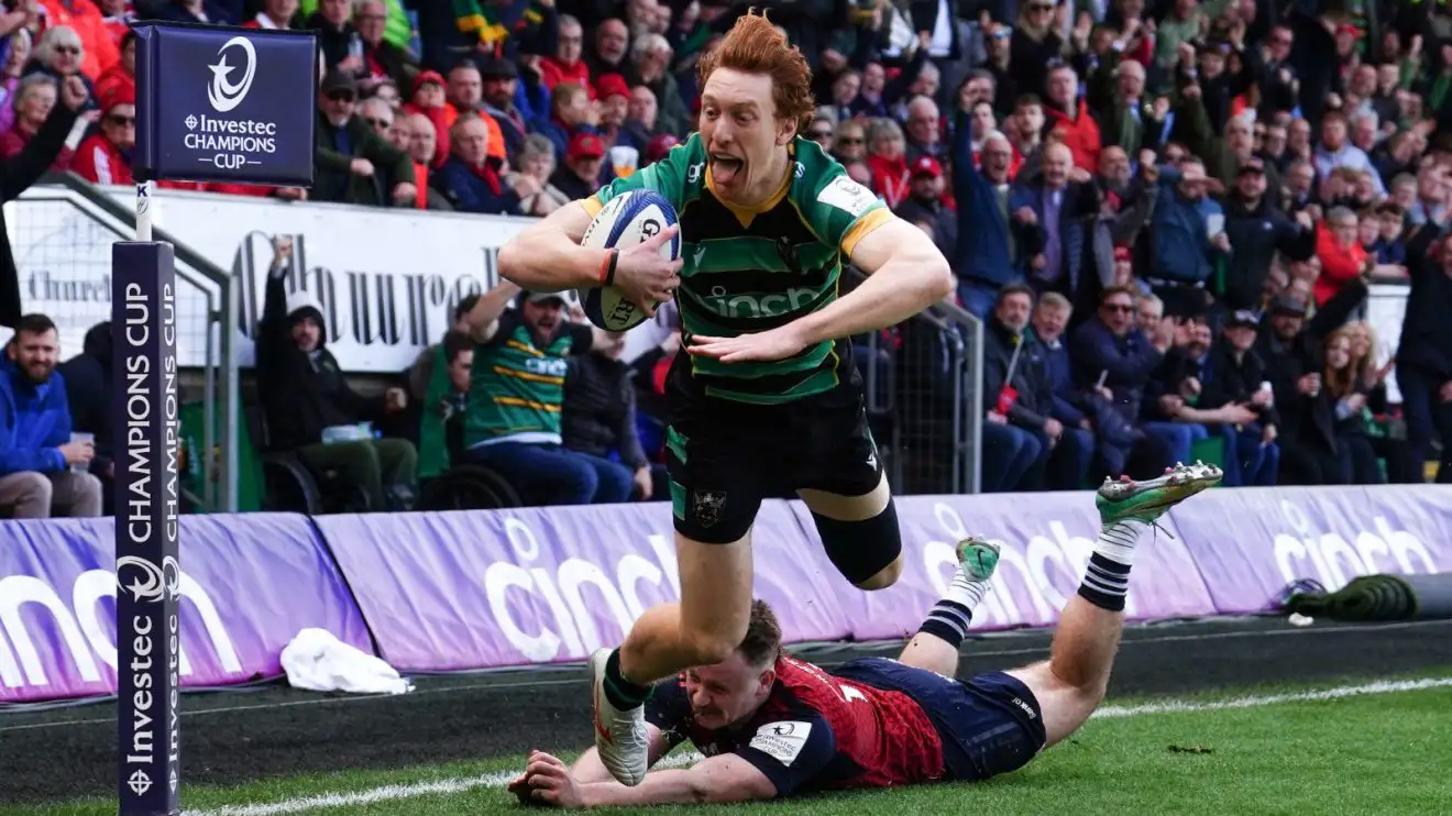 George Hendy scoring a try for Northampton Saints against Munster in 2024.