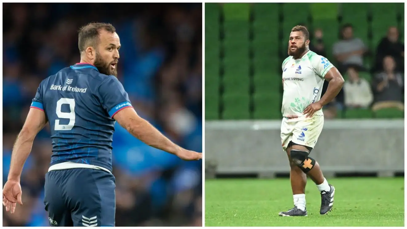 Splti between Leinster's Jamison Gibson-Park and Jone Koroiduadua of Fijian Drua.