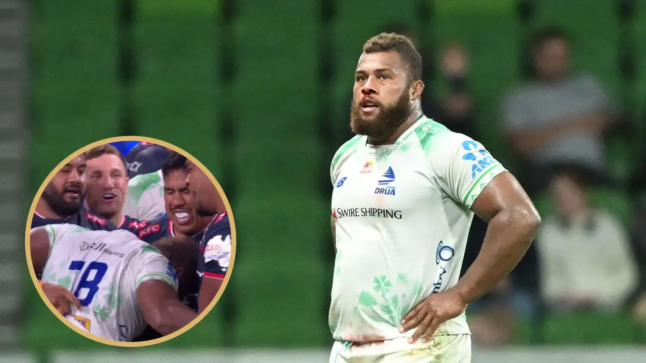 Jone Koroiduadua of Drua exits the field after being shown a red card during the Super Rugby Pacific Round 7 match between the Melbourne Rebels and the Fijian Drua