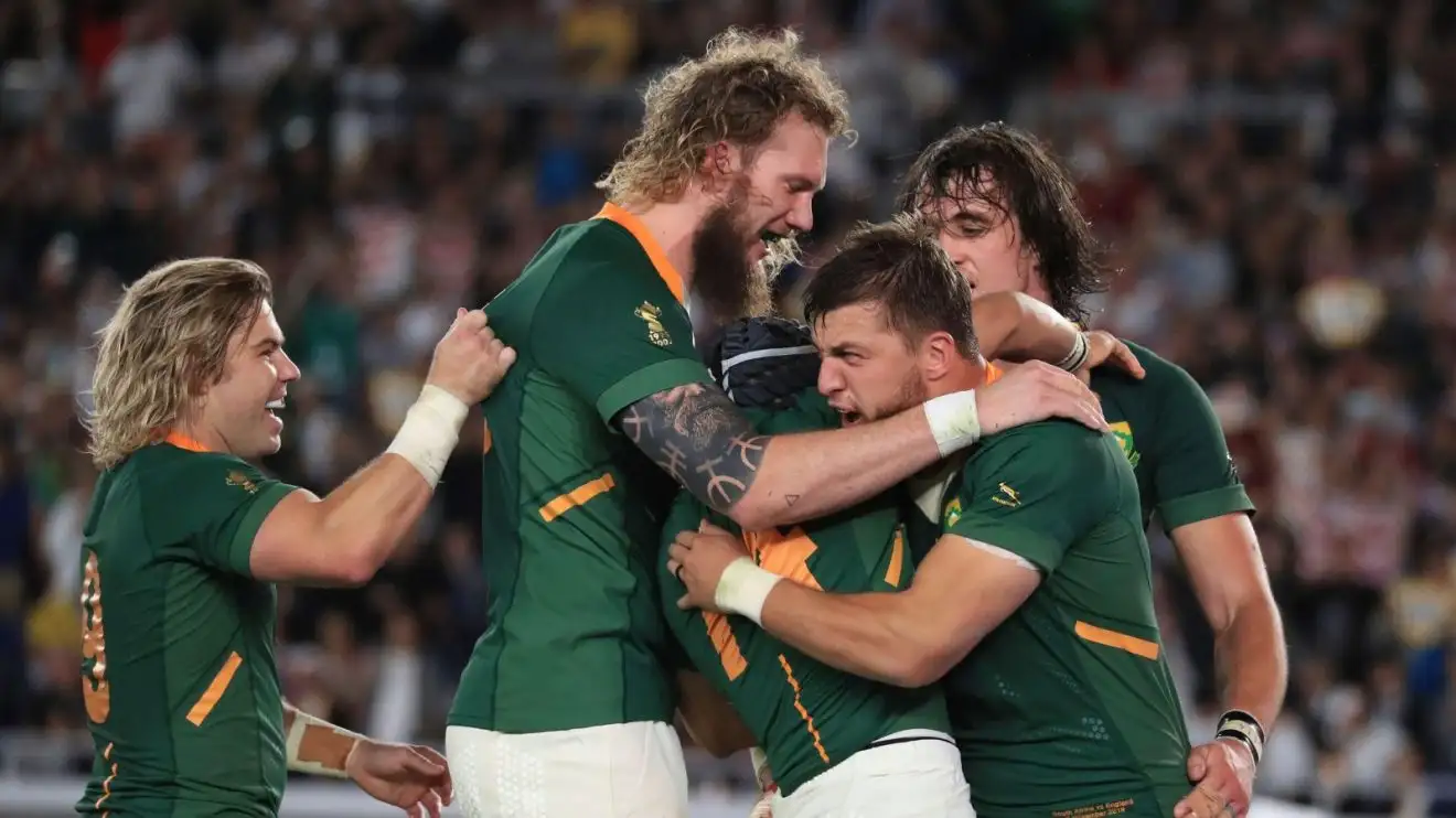 South Africa's Cheslin Kolbe (C) celebrates after scoring a try during the second half of the Final in the 2019 Rugby World Cup Japan against England at International Stadium Yokohama in Yokohama, Kanagawa prefecture on Nov. 2, 2019.