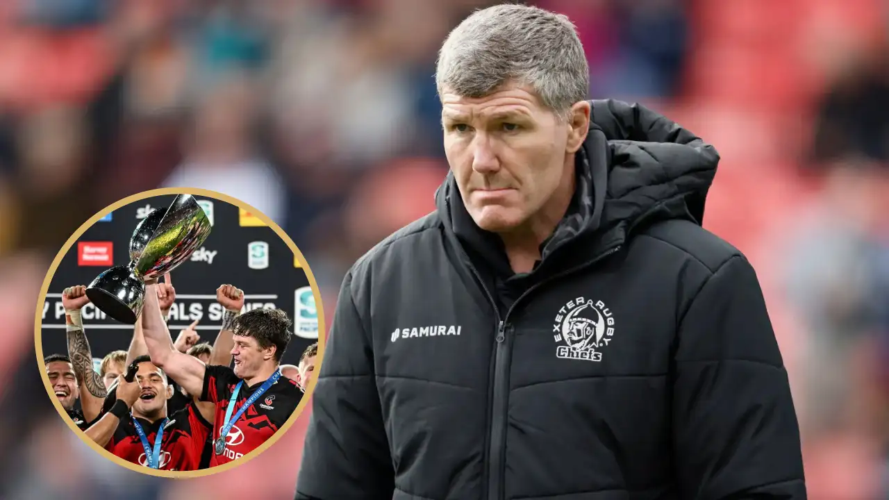 Exeter Chiefs boss Rob Baxter and the 2023 Super Rugby winning Crusaders.