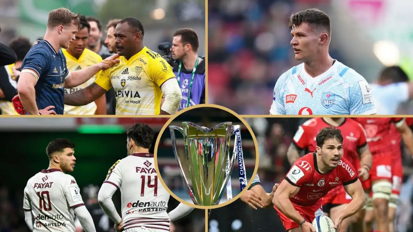 Leinster flanker Josh van der Flier and La Rochelle's Levani Botia, Bulls back-rower Elrigh Louw, Bordeaux's Matthieu Jalibert, Toulouse's Antoine Dupont and the Champions Cup trophy.