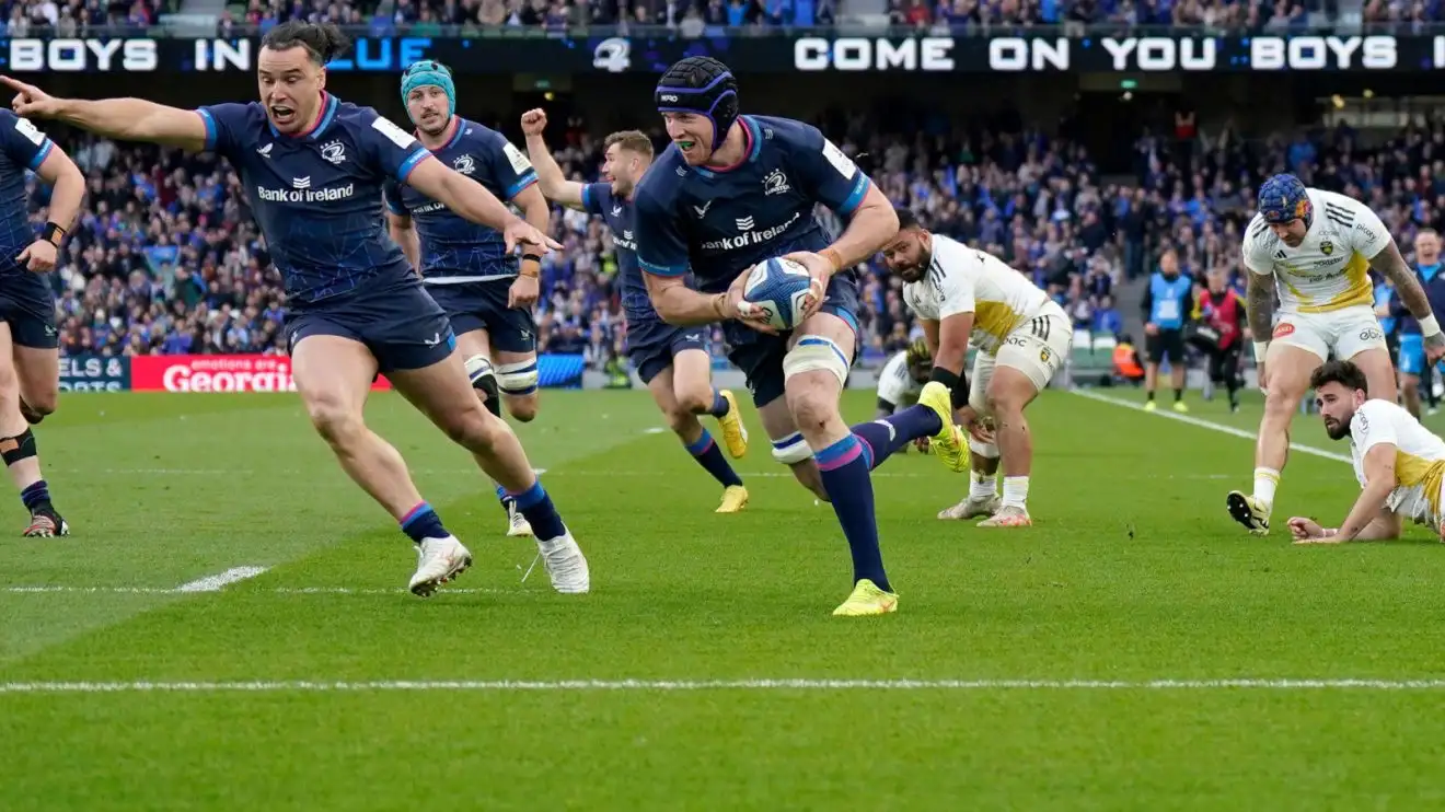 Ryan Baird scoring a try for Leinster v La Rochelle in the 2024 Champions Cup.