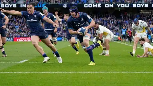 Ryan Baird scoring a try for Leinster v La Rochelle in the 2024 Champions Cup.