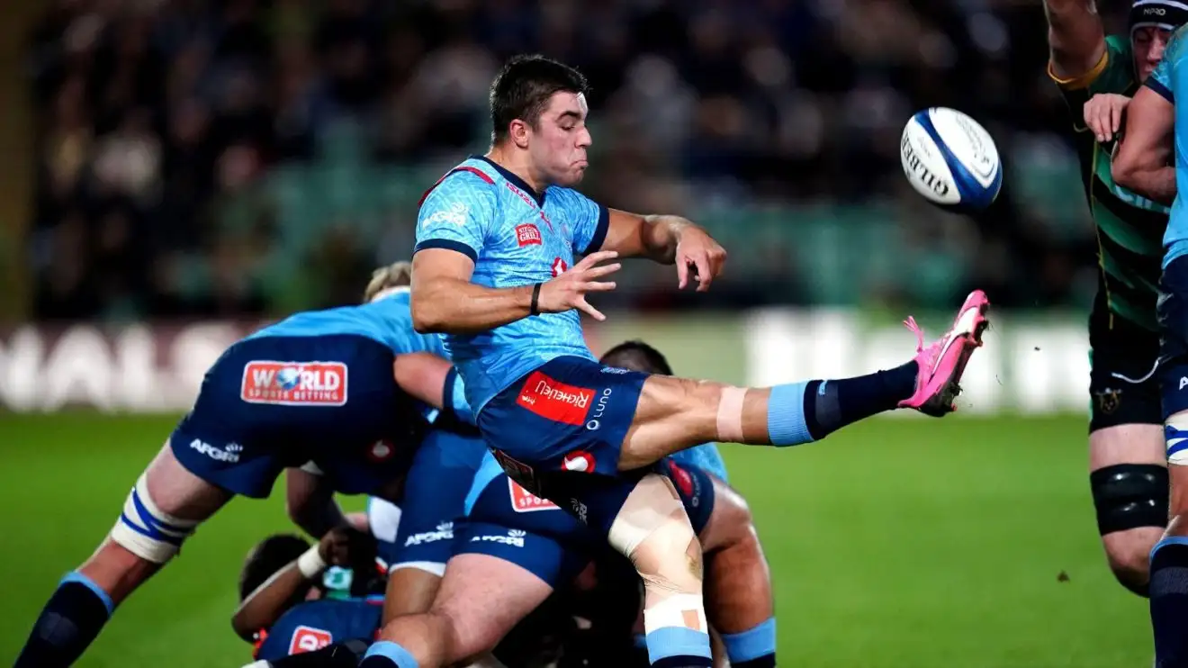 Vodacom Bulls' Zak Burger clears the ball during the Investec Champions Cup quarter-final match at cinch Stadium at Franklin's Gardens, Northampton.