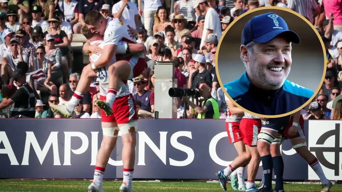 Split with Harlequins celebrating and director of rugby Billy Millard.