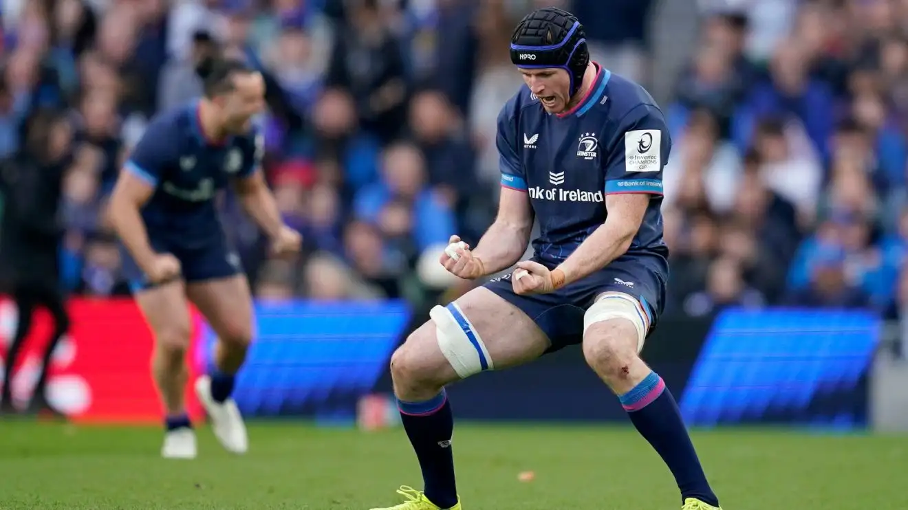 Ryan Baird celebrates Leinster try.