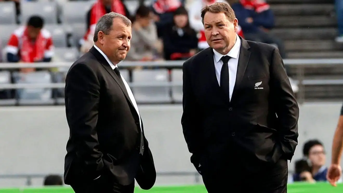 All Blacks head coach Ian Foster and his predecessor, Steve Hansen.