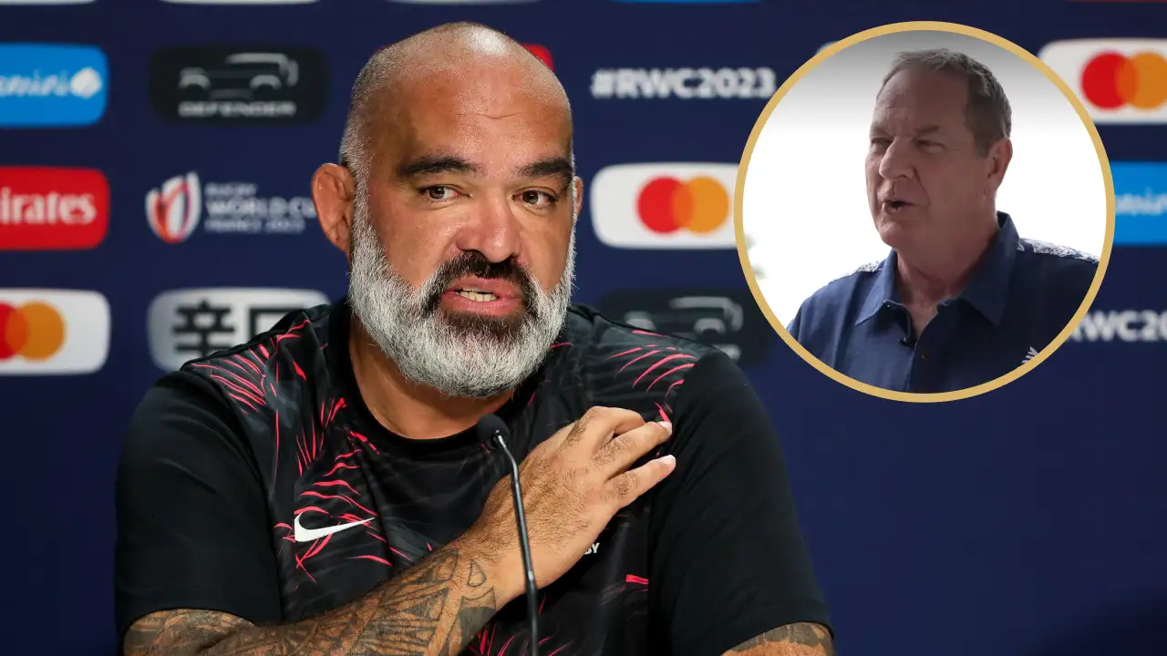 Former Fiji coach Simon Raiwalui and his successor Mick Byrne.