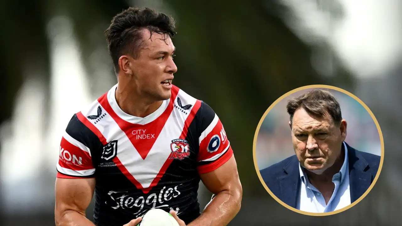 Joey Manu of the Roosters and former All Blacks coach Sir Steve Hansen.